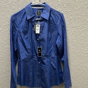 Express Blue Fitted Dress Shirt with Subtle Stripes